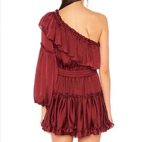 Misa Los Angeles Lucien Burgundy Satin One Sleeve Tiered Mini Dress M - Picture 3 of 11